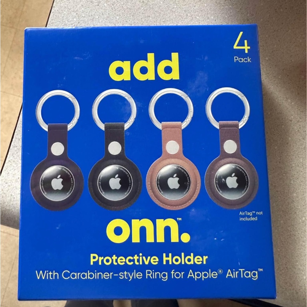 Add Onn AirTag Holder with Carabiner - 4 Pack in Black, Brown, and Tan